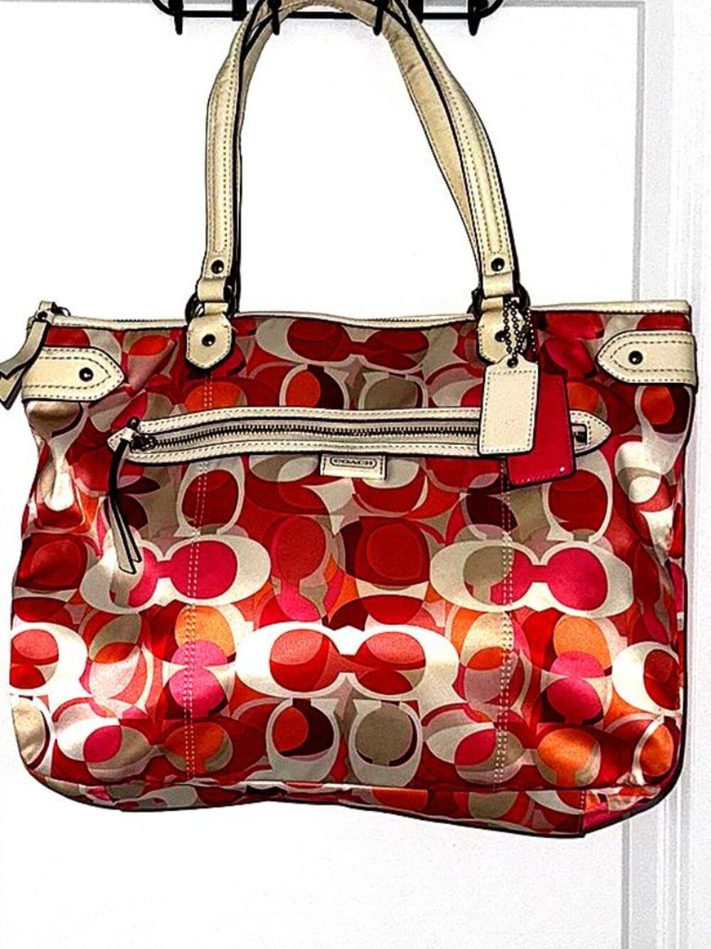 Coach Satin Signature Tote – Pink & Orange Logo Print Shoulder Bag